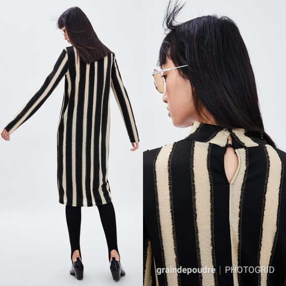 Zara Gold Black Contrast Stripe Shift Knit Dress S - Picture 3 of 4